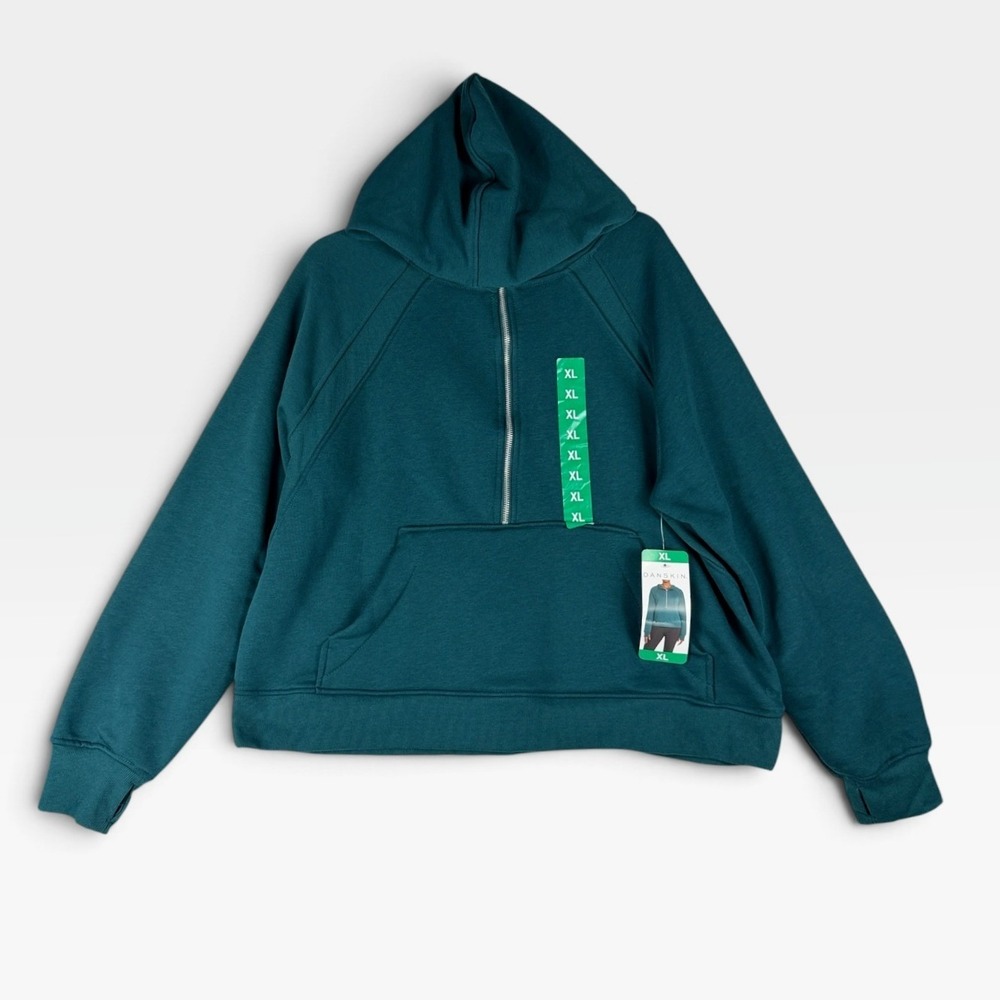 Danskin Mixed Rib Cozy Half Zip Hoodie Womens XL Dark Sea Teal Fleece NWT